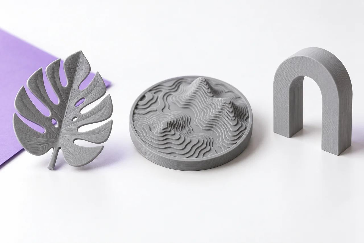 Gray printed leaf, relief coaster and arch on a white surface